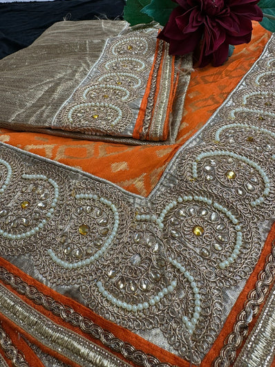 Orange Banarsi Saree finished with bead Lace