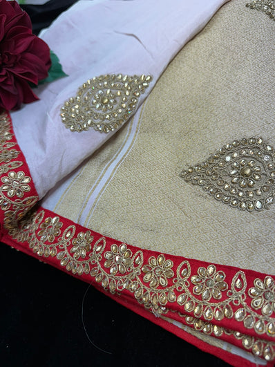 Off-White  Banarsi Saree finished with Red bead Lace