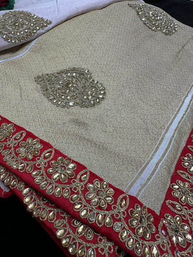 Off-White  Banarsi Saree finished with Red bead Lace