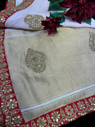 Off-White  Banarsi Saree finished with Red bead Lace