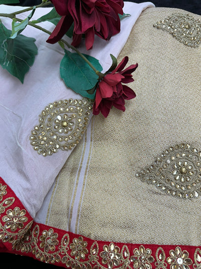 Off-White  Banarsi Saree finished with Red bead Lace