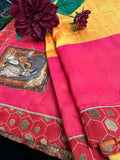 Yellow-Pink Kalamkari Silk Saree