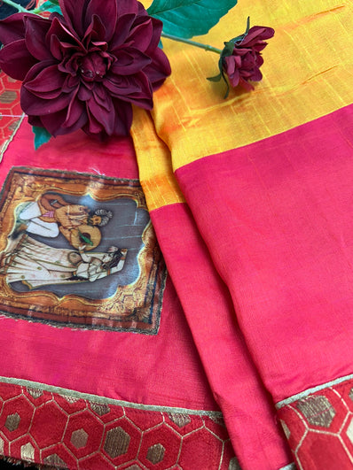 Yellow-Pink Kalamkari Silk Saree