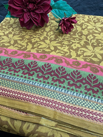 Brown Printed Cotton Saree