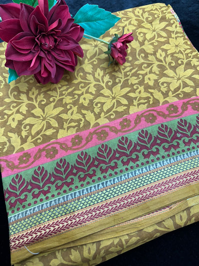 Brown Printed Cotton Saree