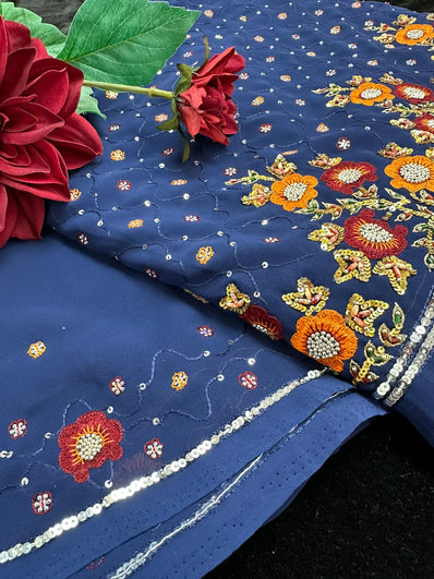 Dark Blue Georgette Saree with Thread embroidery