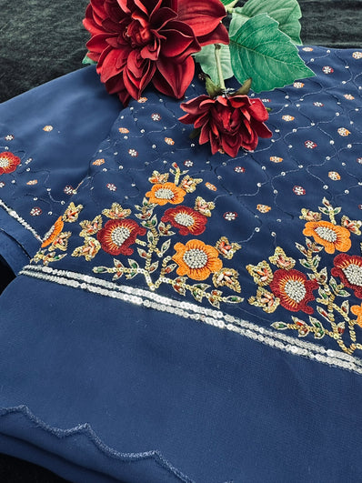 Dark Blue Georgette Saree with Thread embroidery