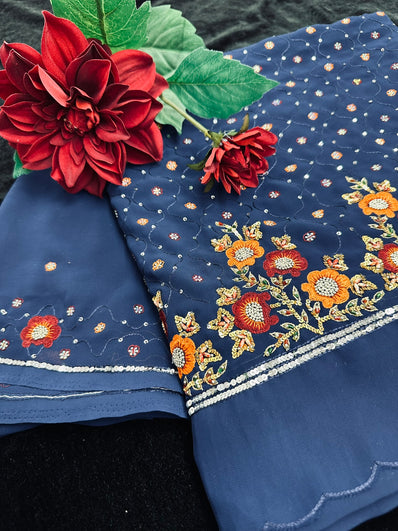 Dark Blue Georgette Saree with Thread embroidery