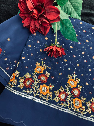 Dark Blue Georgette Saree with Thread embroidery