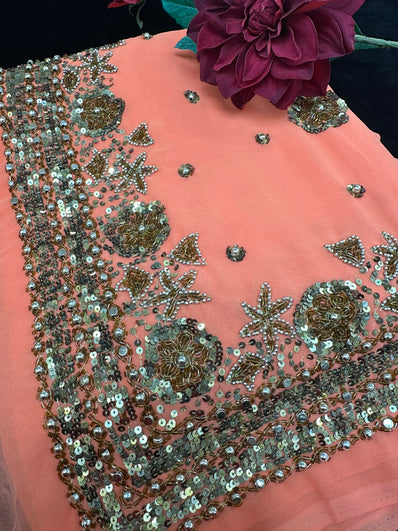 Peach Georgette Saree with heavy beadwork
