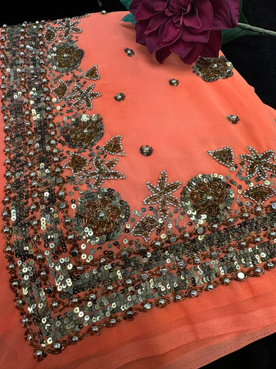 Peach Georgette Saree with heavy beadwork