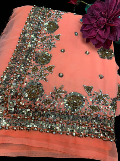 Peach Georgette Saree with heavy beadwork