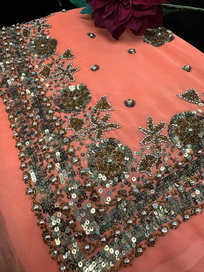 Peach Georgette Saree with heavy beadwork