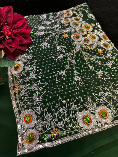 Bottle Green Georgette Saree with heavy beadwork