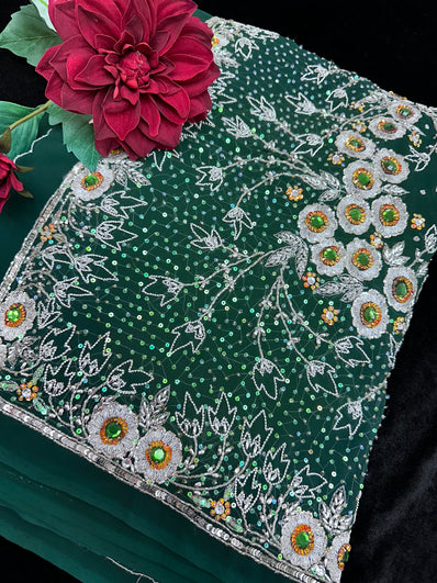 Bottle Green Georgette Saree with heavy beadwork