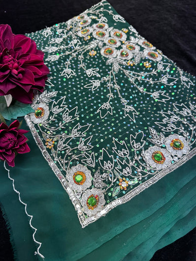 Bottle Green Georgette Saree with heavy beadwork