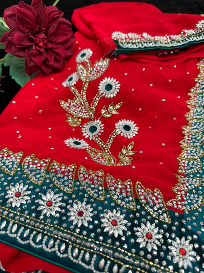 Red Georgette Saree with heavy beadwork