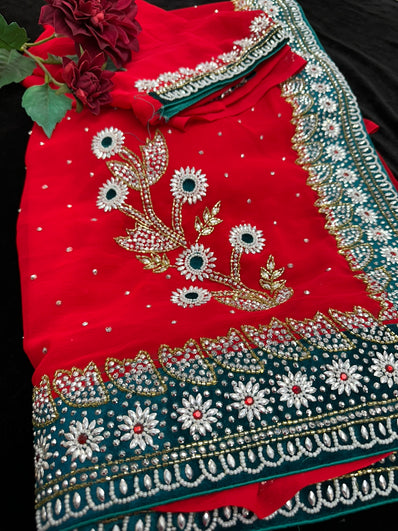 Red Georgette Saree with heavy beadwork