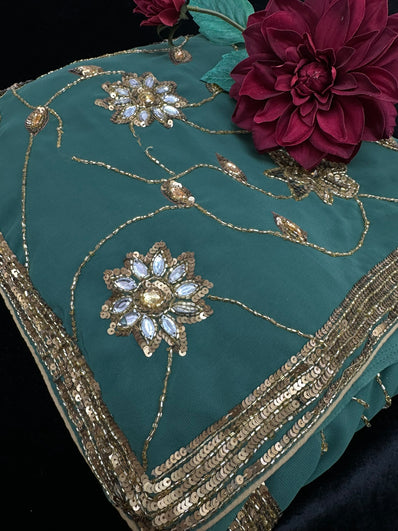 sage Green Georgette Saree with heavy beadwork