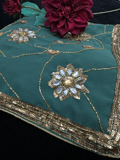 sage Green Georgette Saree with heavy beadwork