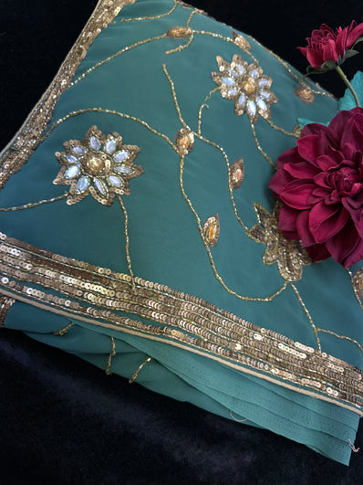 sage Green Georgette Saree with heavy beadwork