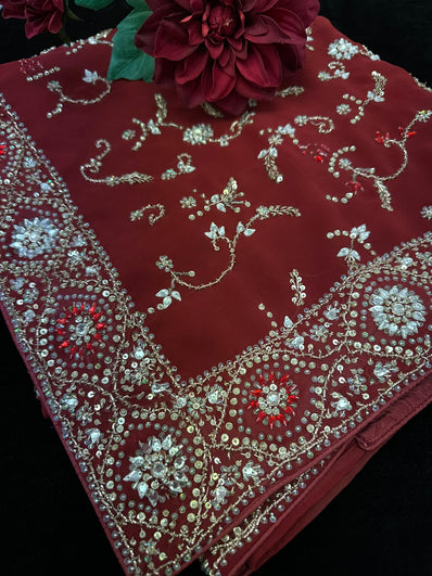 Maroon Georgette Saree with heavy beadwork