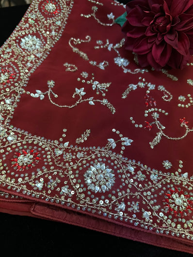 Maroon Georgette Saree with heavy beadwork