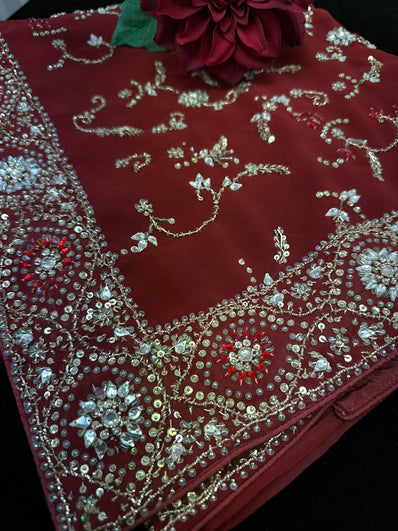 Maroon Georgette Saree with heavy beadwork