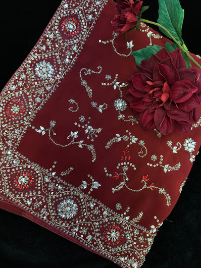 Maroon Georgette Saree with heavy beadwork