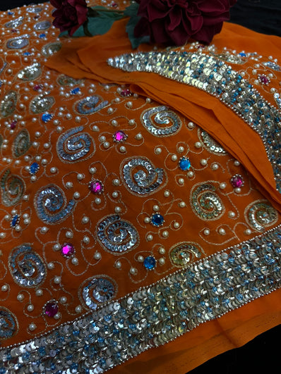 Orange Georgette Saree with heavy sequin and pearl work