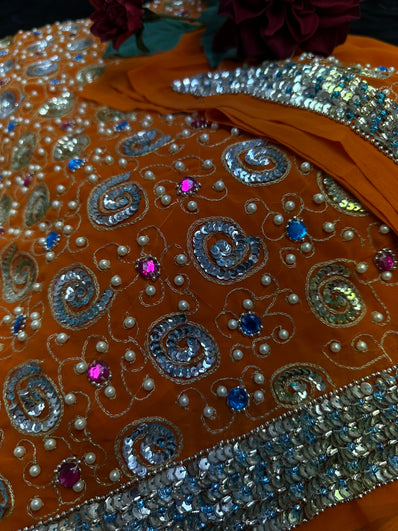 Orange Georgette Saree with heavy sequin and pearl work