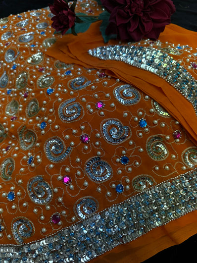 Orange Georgette Saree with heavy sequin and pearl work