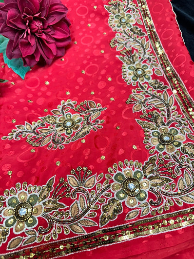 Red Crepe Saree with bead work