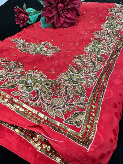 Red Crepe Saree with bead work