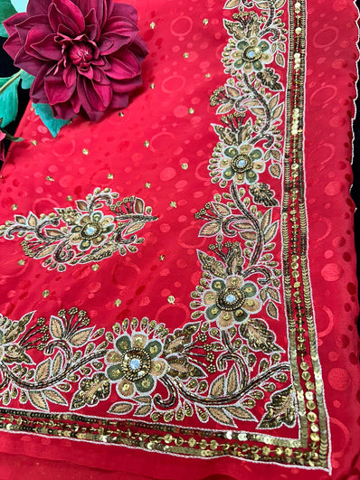 Red Crepe Saree with bead work