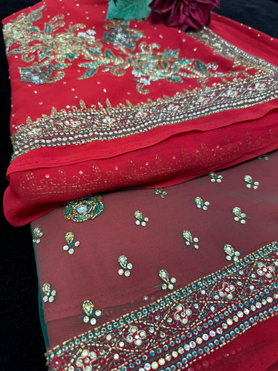 Red georgette Saree with bead work