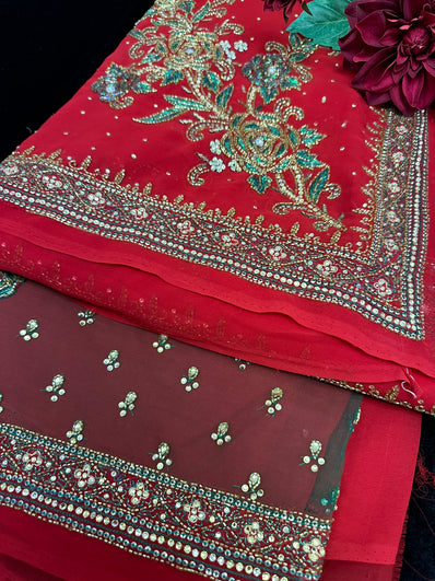 Red georgette Saree with bead work