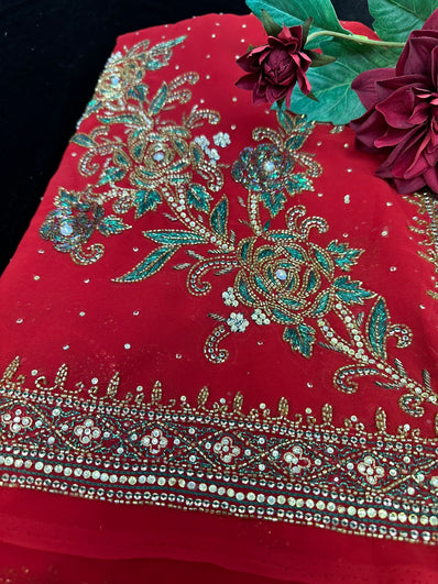 Red georgette Saree with bead work