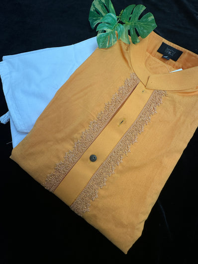 Mustard Yellow Cotton Kurta with White Pajama set
