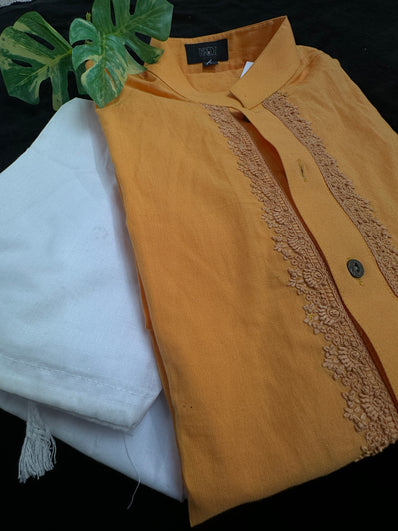 Mustard Yellow Cotton Kurta with White Pajama set