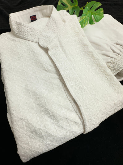 White Chicken Kari Cotton Kurta with White Pajama set