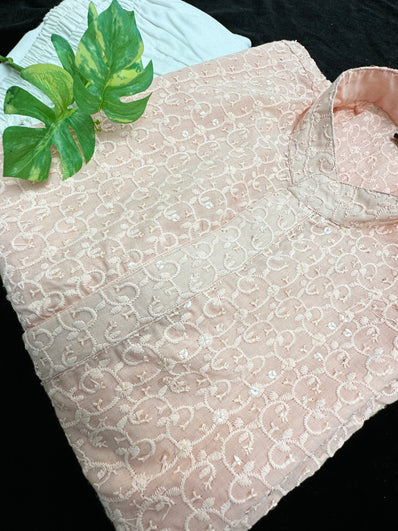 Light Peach Chicken Kari Cotton Kurta with White Pajama set