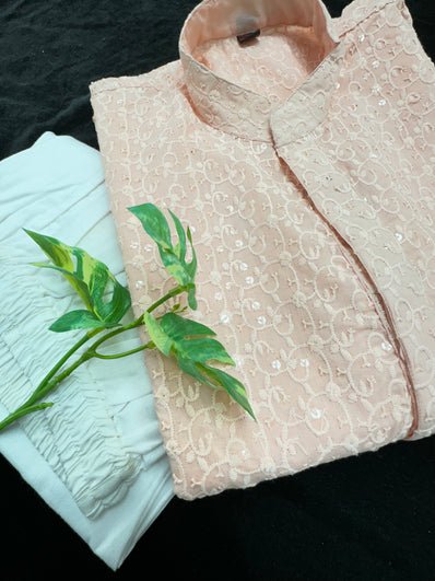 Light Peach Chicken Kari Cotton Kurta with White Pajama set