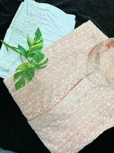 Light Peach Chicken Kari Cotton Kurta with White Pajama set
