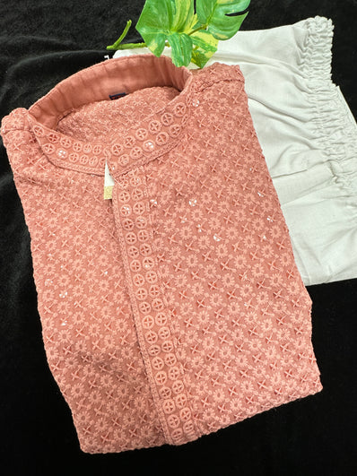 Peach Chicken Kari Cotton Kurta with White Pajama set