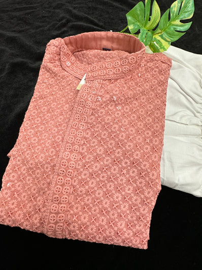 Peach Chicken Kari Cotton Kurta with White Pajama set