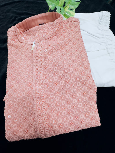 Peach Chicken Kari Cotton Kurta with White Pajama set