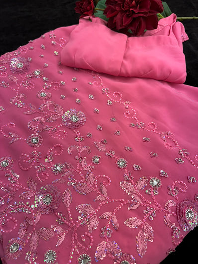 Pink Georgette Saree with Sequin and beadwork with Stitched Blouse