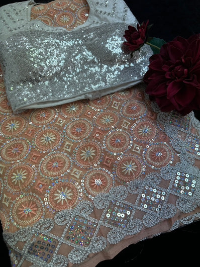 Peach Georgette Saree with full Sequin work with Stitched Blouse