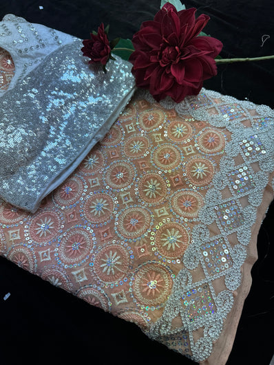 Peach Georgette Saree with full Sequin work with Stitched Blouse